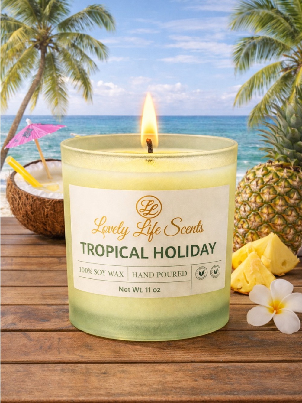 Tropical Holiday 11oz Premium Soy Wax Candle in Frosted Glass